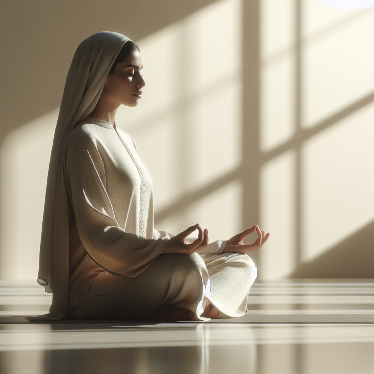 A woman seated in meditation, eyes closed, morning light through the blinds.