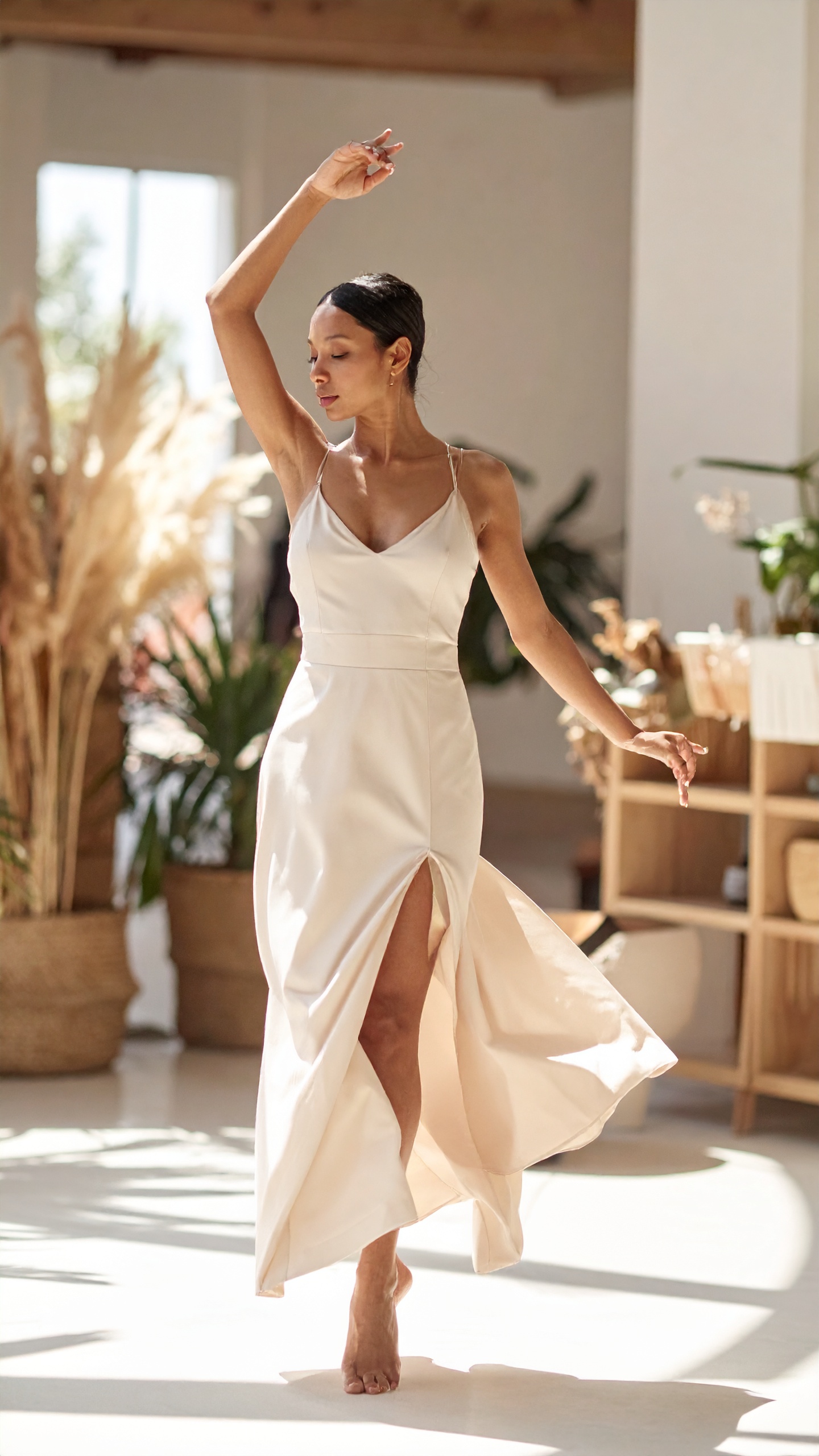A woman in a long cream dress mid-turn in bright morning light