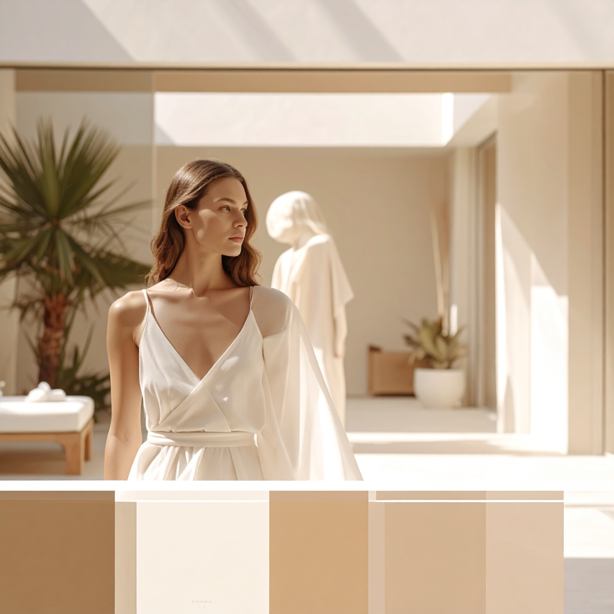 A woman in a cream slip dress walking past pale plinths in a bright gallery
