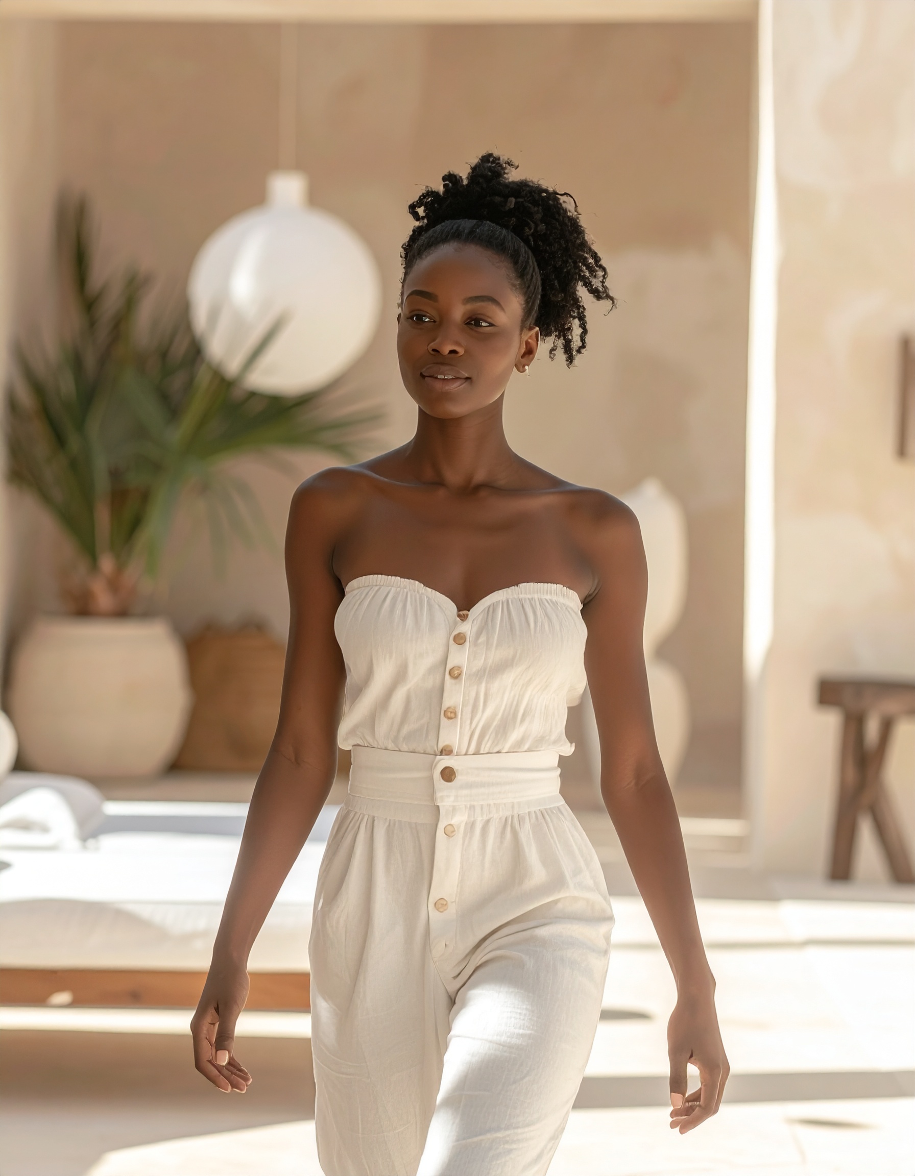 A woman in a buttoned cream jumpsuit standing in warm light beside a planted courtyard
