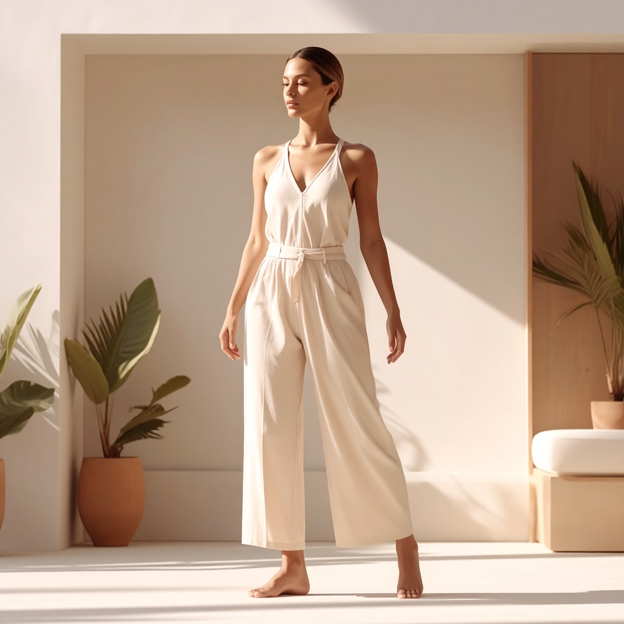 A woman in cream separates standing barefoot in a sunlit room