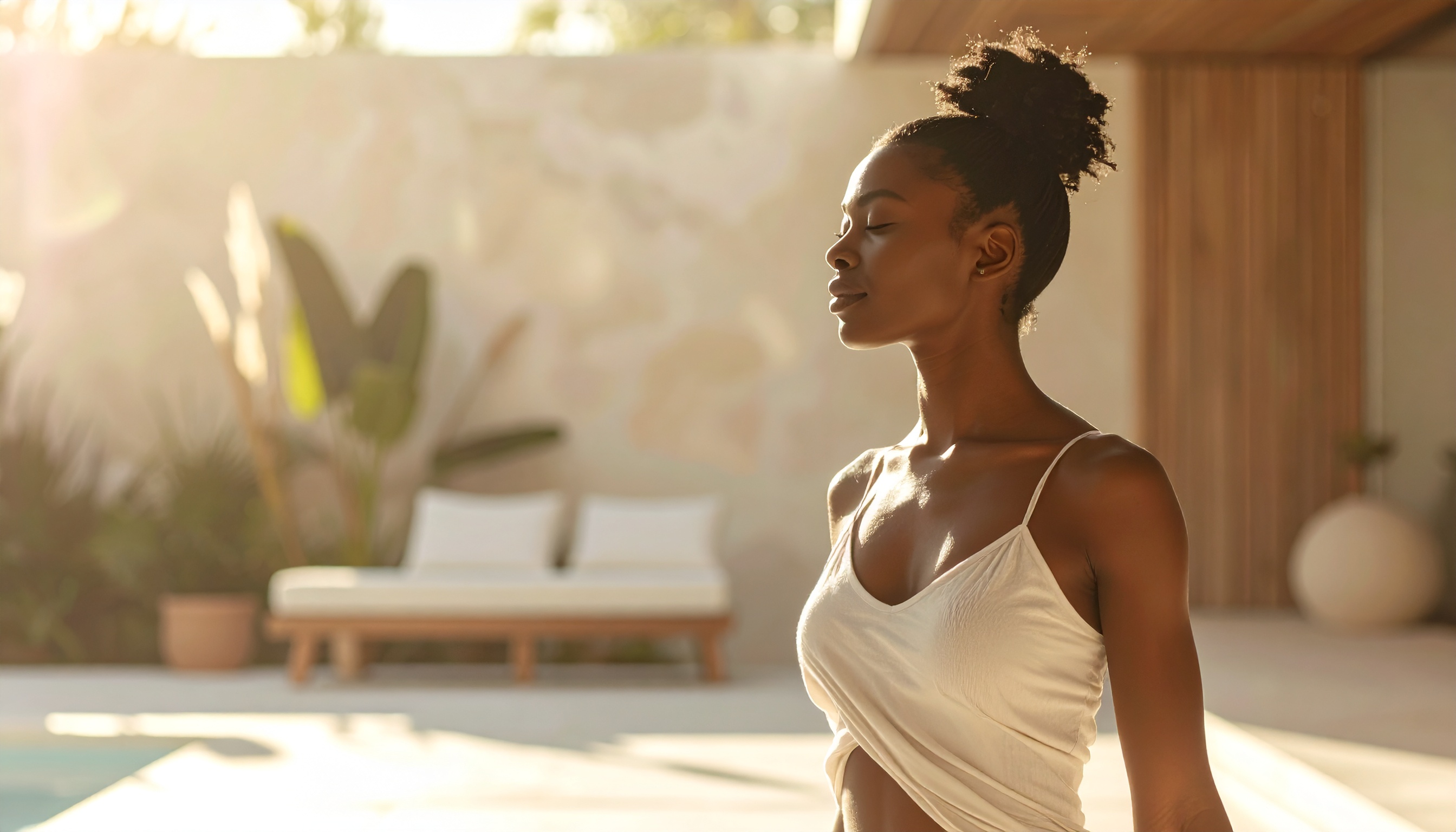 A woman in profile with light behind her, standing on a warm stone terrace