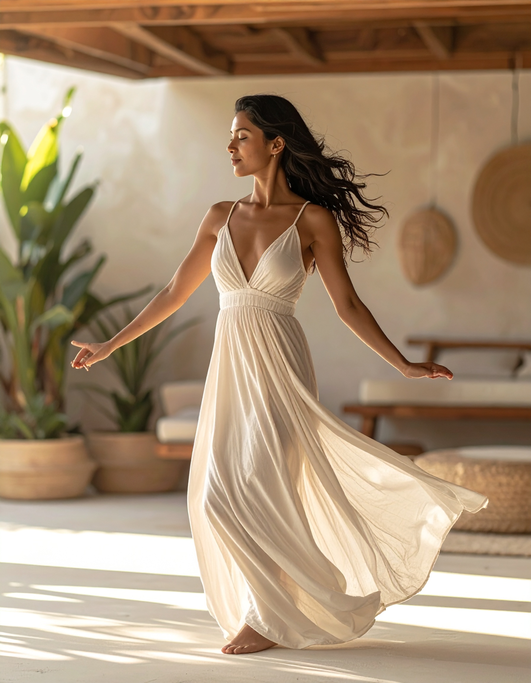 A woman in a long dress turning slowly in a sunlit room, eyes lowered