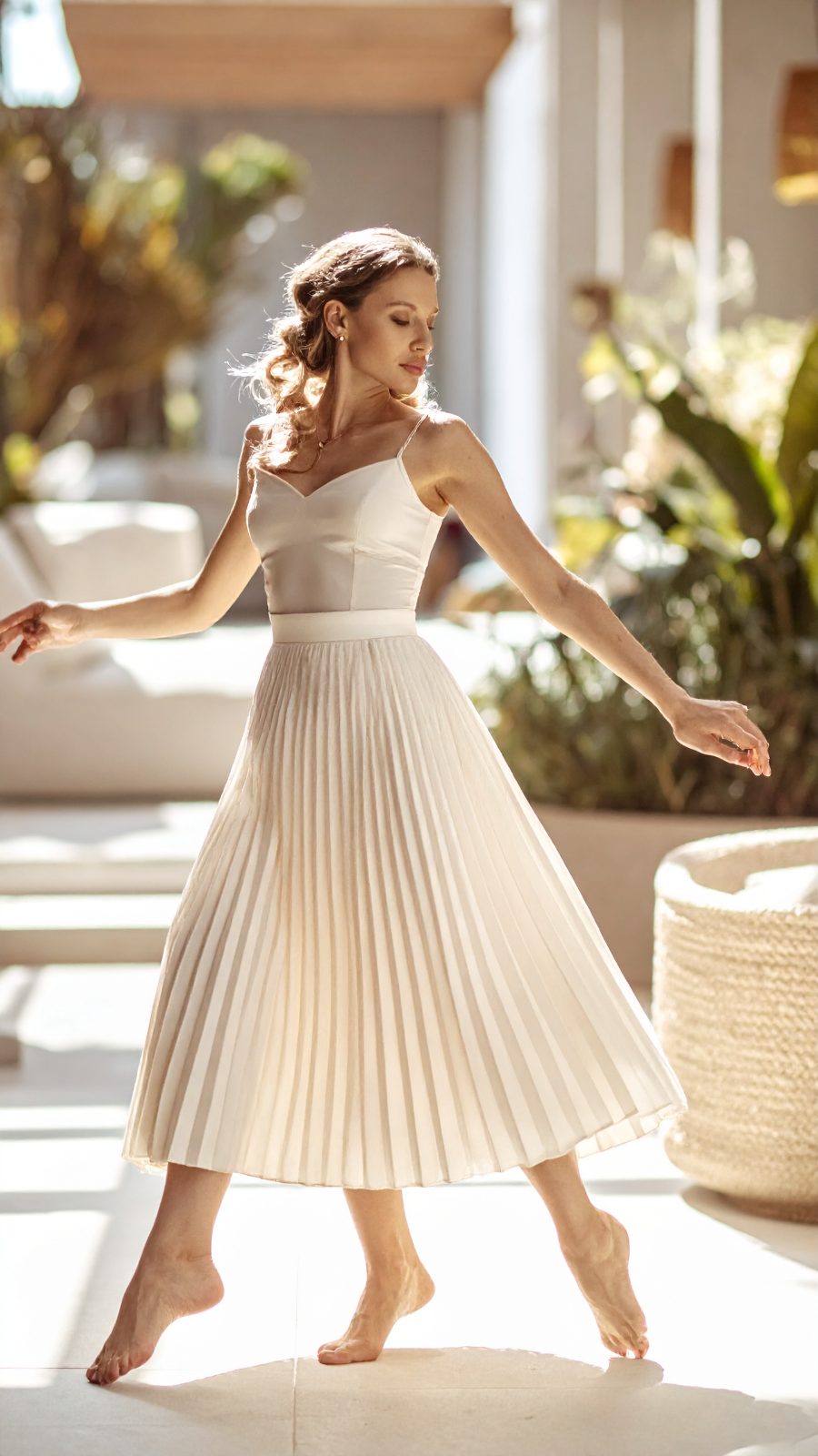 A woman turning in a pleated cream skirt in low golden light