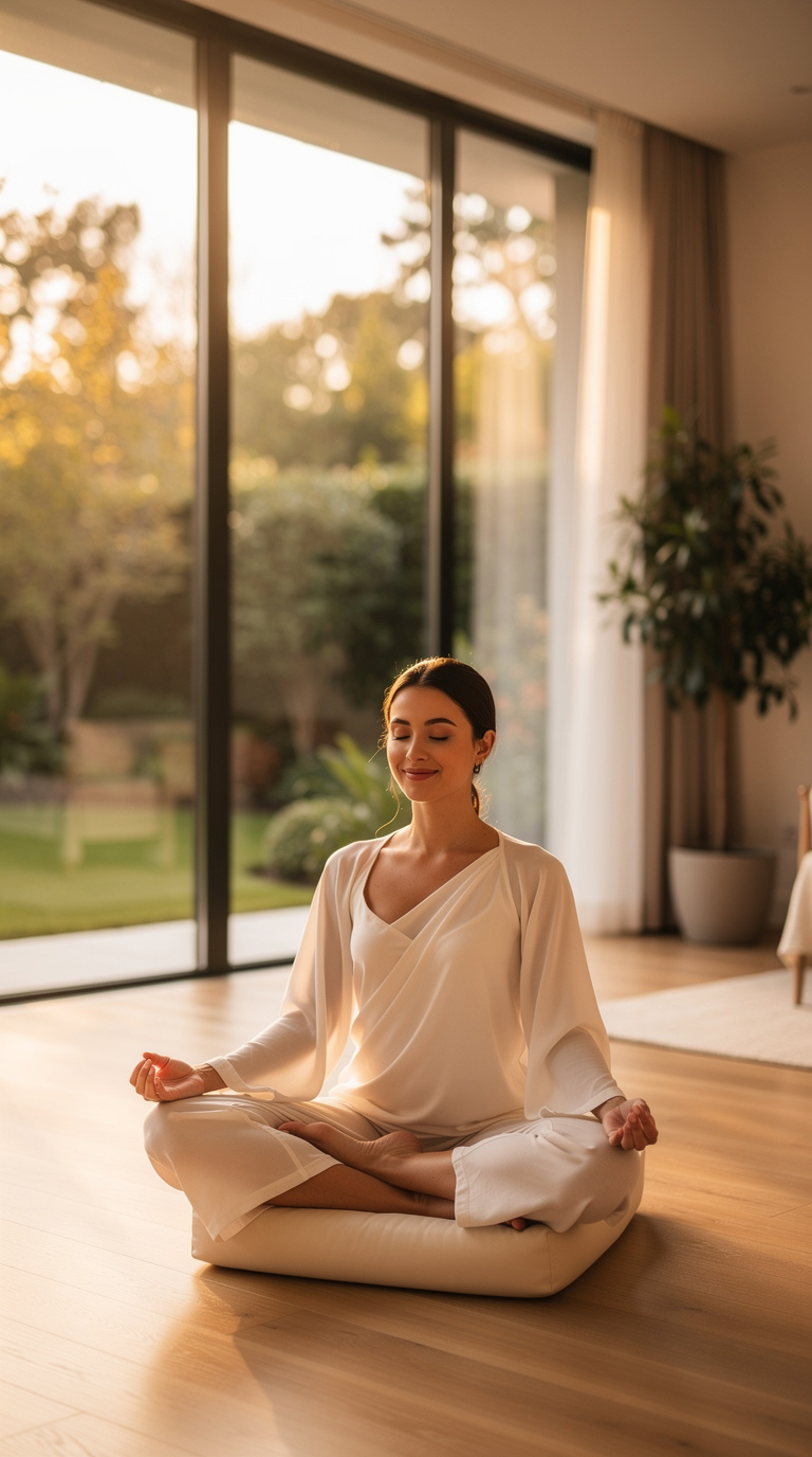 A woman seated in lotus on a cushion in a warm room at golden hour, garden beyond the glass