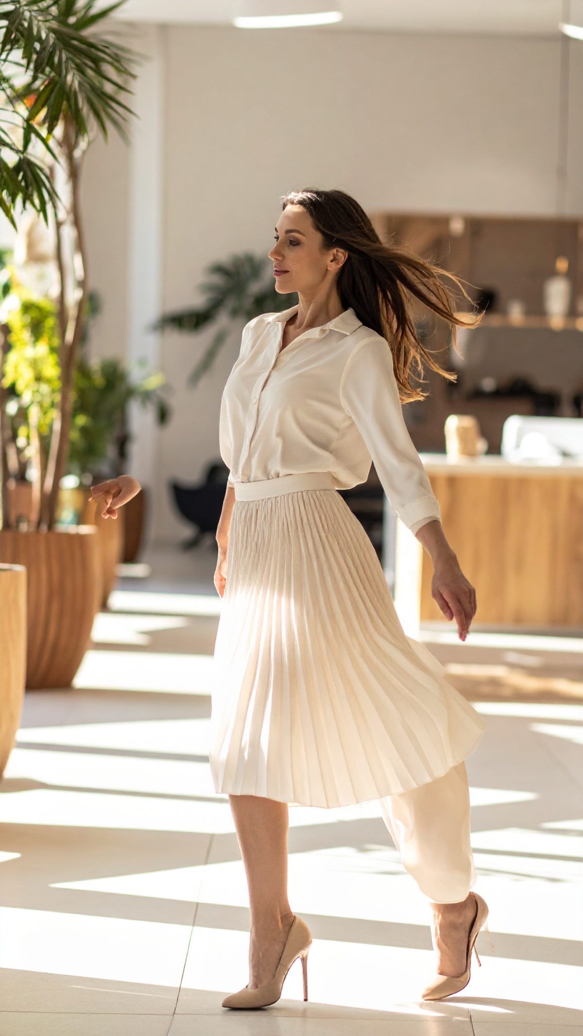 A woman in a cream shirt and pleated skirt walking through a plant-filled sunlit room